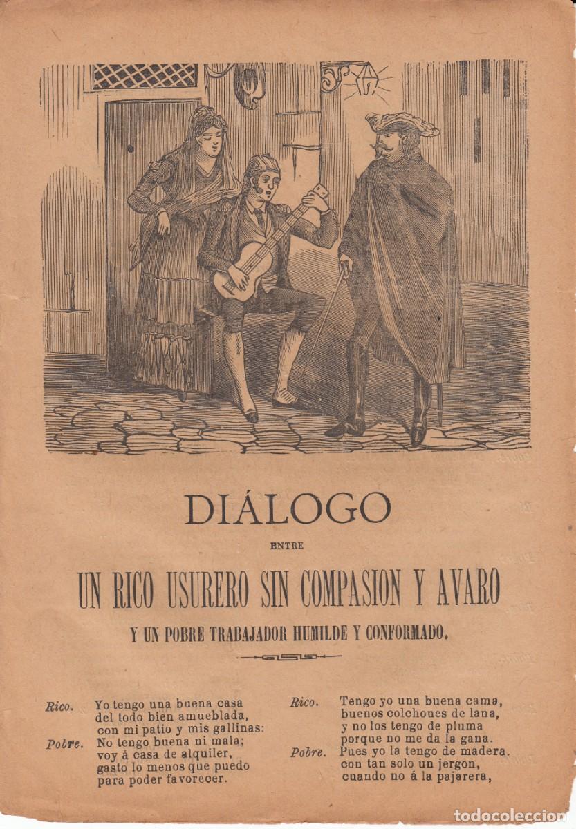 Coleccionismo de revistas y peri&oacute;dicos: PLIEGO DE CORDEL - ROMAN&Ccedil;OS - DI&Aacute;LOGO ENTRE UN RICO USURERO SIN COMPASI&Oacute;N Y AVARO