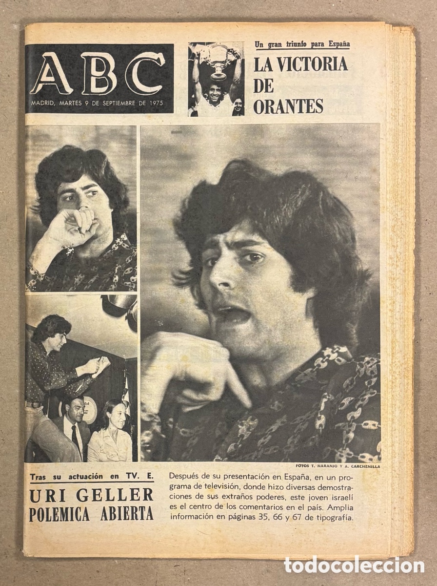 Coleccionismo de revistas y peri&oacute;dicos: ABC (9 DE SEPTIEMBRE DE 1975). ACTUACI&Oacute;N EN TV DE URI GELLER POL&Eacute;MICA, VICTORIA DE ORANTES,...
