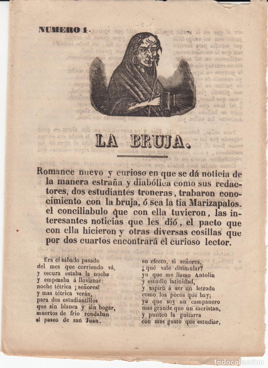 Coleccionismo de revistas y peri&oacute;dicos: PLIEGO DE CORDEL - ROMAN&Ccedil;OS - LA BRUJA NUM. 1 - 1859 - DOS ESTUDIANTES TRABARON CONOCIMIENTO BRUJA