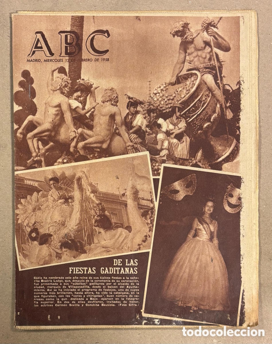 Coleccionismo de revistas y peri&oacute;dicos: ABC (12 DE FEBRERO DE 1958). BEATRIZ LODGE REINA DE LAS FIESTAS GADITANAS,&hellip;