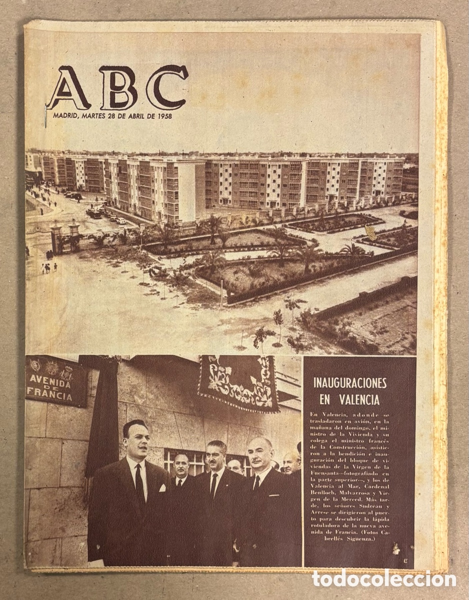 Coleccionismo de revistas y peri&oacute;dicos: ABC (28 ABRIL 1958). INAUGURACI&Oacute;N EN VALENCIA BLOQUE VIVIENDAS VIRGEN DE FUENSANTA, VALENCIA AL MAR
