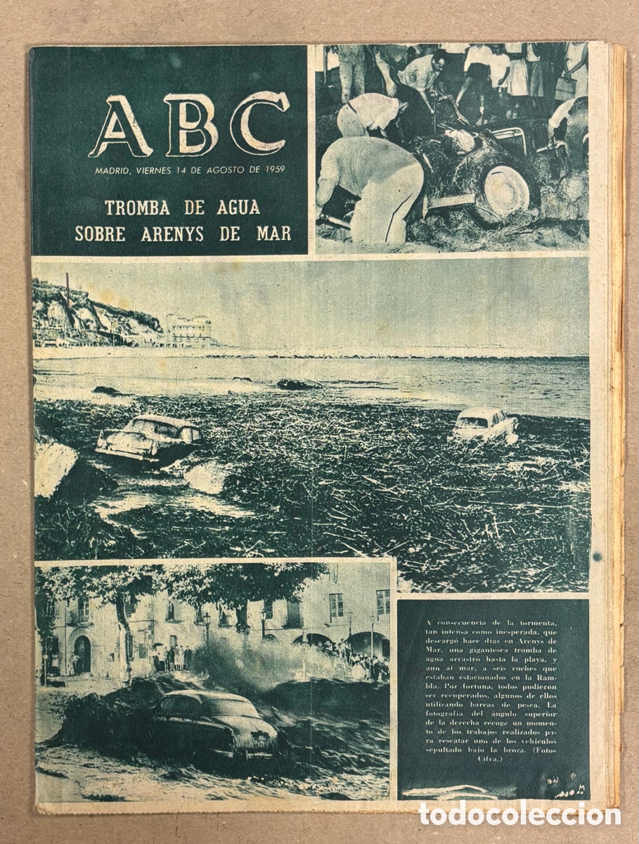 Coleccionismo de revistas y peri&oacute;dicos: ABC (14 AGOSTO 1959). TROMBA DE AGUA SOBRE ARENYS DE MAR, GUILLERMO TIMONER CAMPE&Oacute;N DEL MUNDO