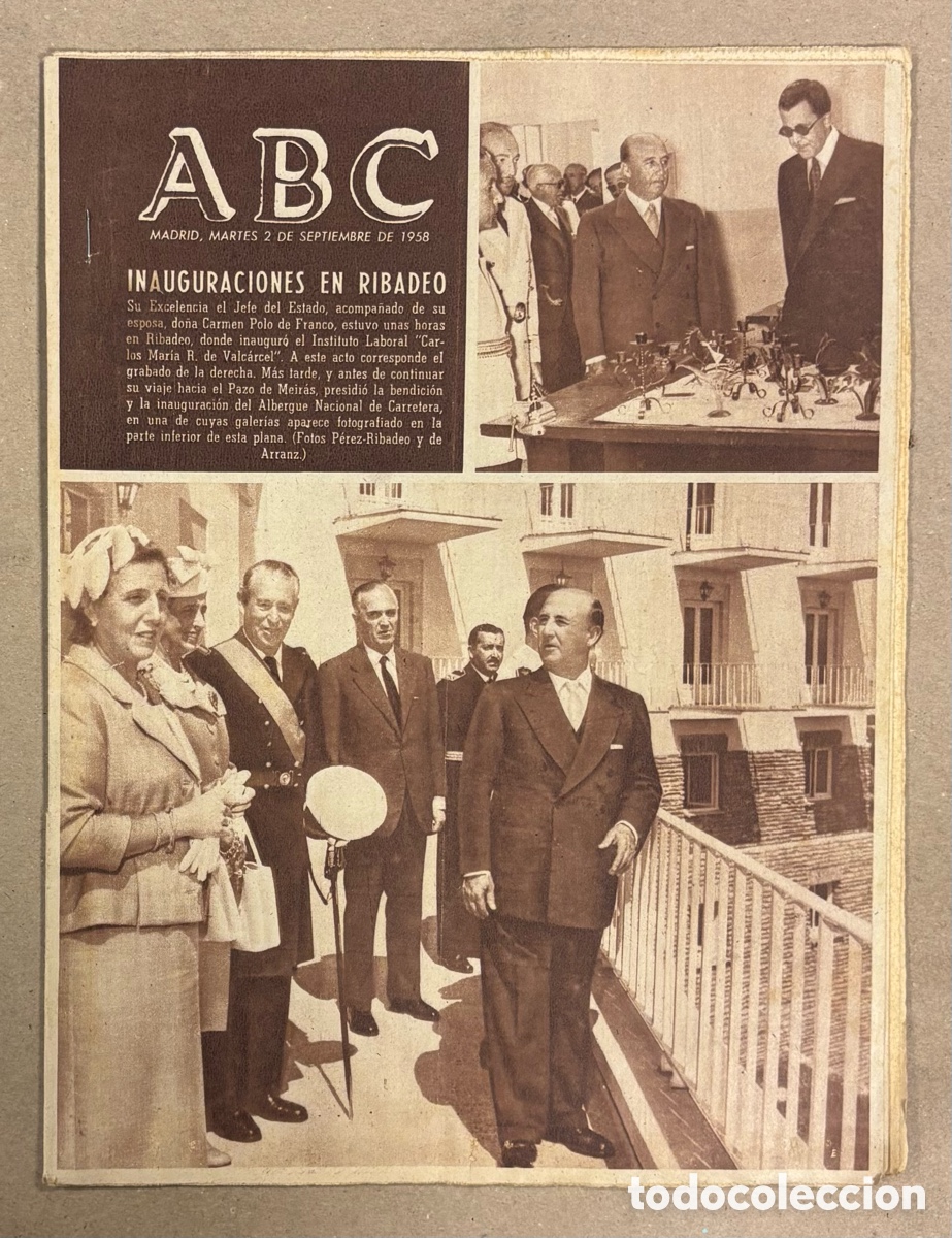 Coleccionismo de revistas y peri&oacute;dicos: ABC (2 SEPTIEMBRE 1958). FRANCO INAUGURA EN RIBADEO INSTITUTO LABORAL CARLOS MAR&Iacute;A R. DE VALC&Aacute;RCEL Y