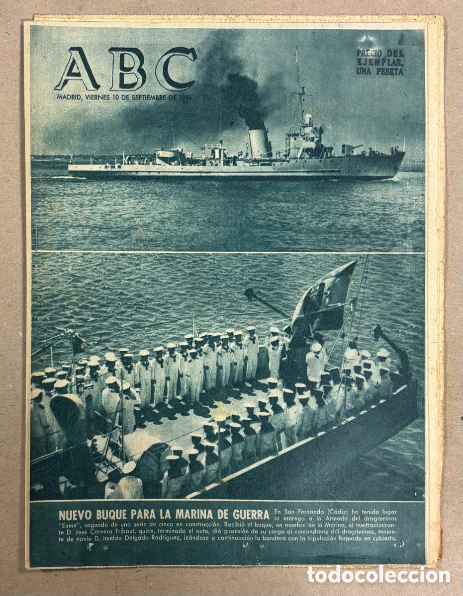 Coleccionismo de revistas y peri&oacute;dicos: ABC (10 SEPTIEMBRE 1954). ENTREGA BUQUE DRAGAMINAS A LA MARINA DE GUERRA EN SAN FERNANDO (C&Aacute;DIZ)