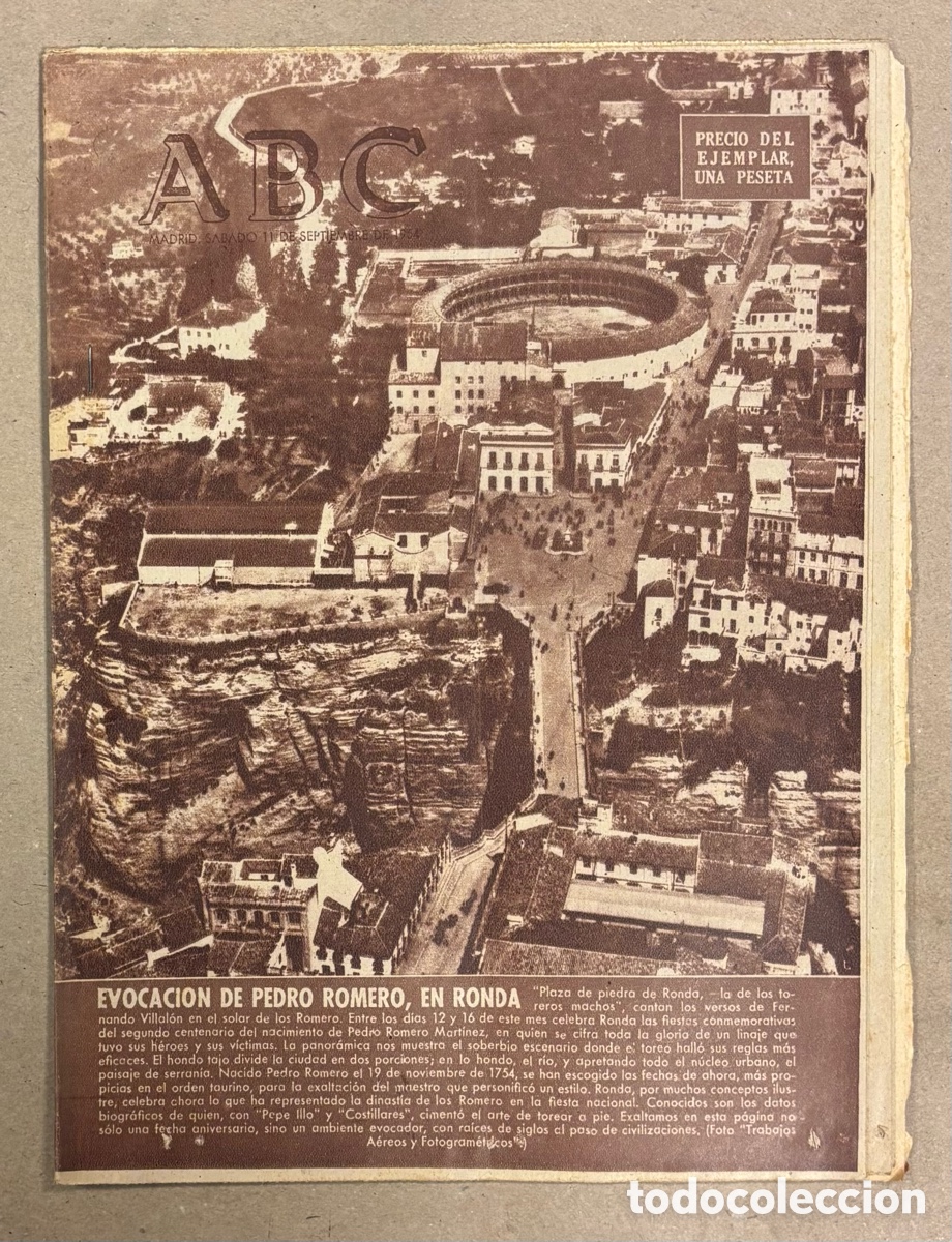 Coleccionismo de revistas y peri&oacute;dicos: ABC (11 DE SEPTIEMBRE DE 1954). EVOCACI&Oacute;N DE PEDRO ROMERO EN RONDA (M&Aacute;LAGA),&hellip;