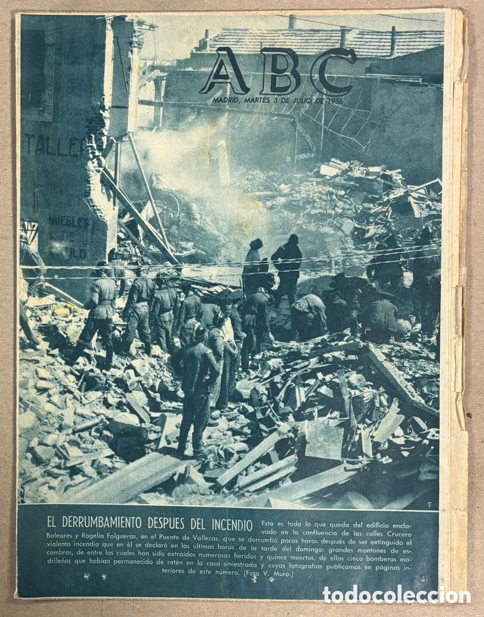 Coleccionismo de revistas y peri&oacute;dicos: ABC (3 JULIO 1956). DERRUMBENTRAS INCENDIO EDIFICIO EN PUENTE DE VALLECAS