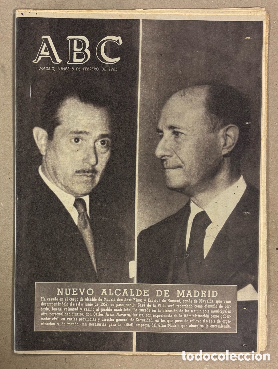 Collezionismo di Riviste e Giornali: ABC (8 FEBRERO 1965). ARIAS NAVARRO NUEVO ALCALDE DE MADRID CESADO JOS&Eacute; FINAT Y ESCRIV&Aacute; DE ROMAN&Iacute;