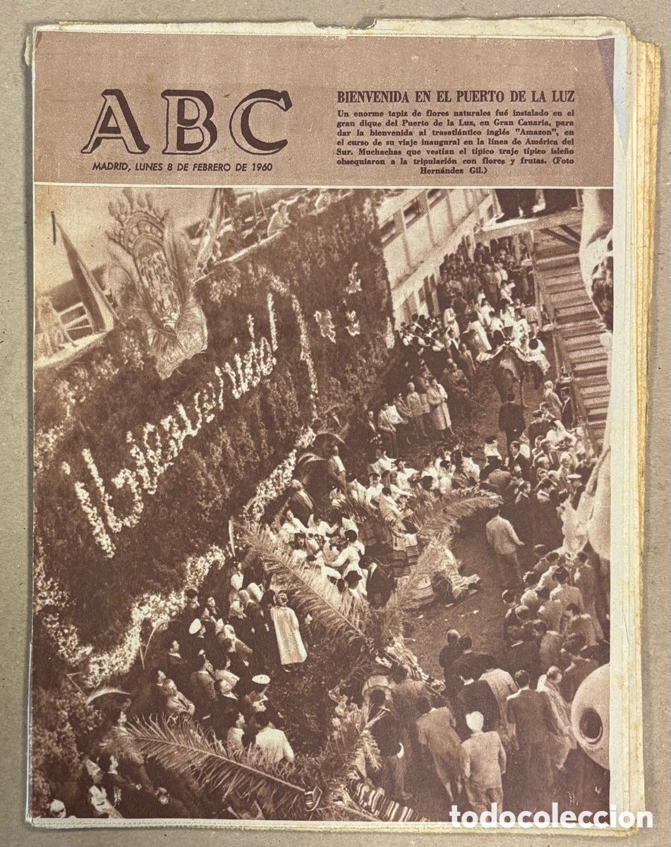 Coleccionismo de revistas y peri&oacute;dicos: ABC (8 FEBRERO 1960). BIENVENIDA EN EL PUERTO DE LA LUZ DE GRAN CANARIAS AL TRASATL&Aacute;NTICO AMAZON
