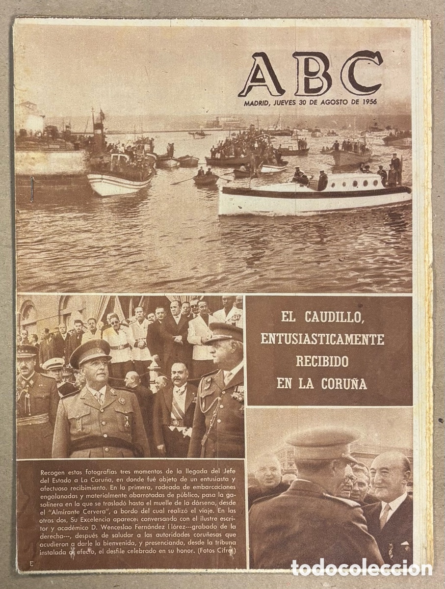 Coleccionismo de revistas y peri&oacute;dicos: ABC (30 DE AGOSTO DE 1956). EL CAUDILLO RECIBIDO EN LA CORU&Ntilde;A, TIMONER CICLISMO TRAS MOTO,&hellip;