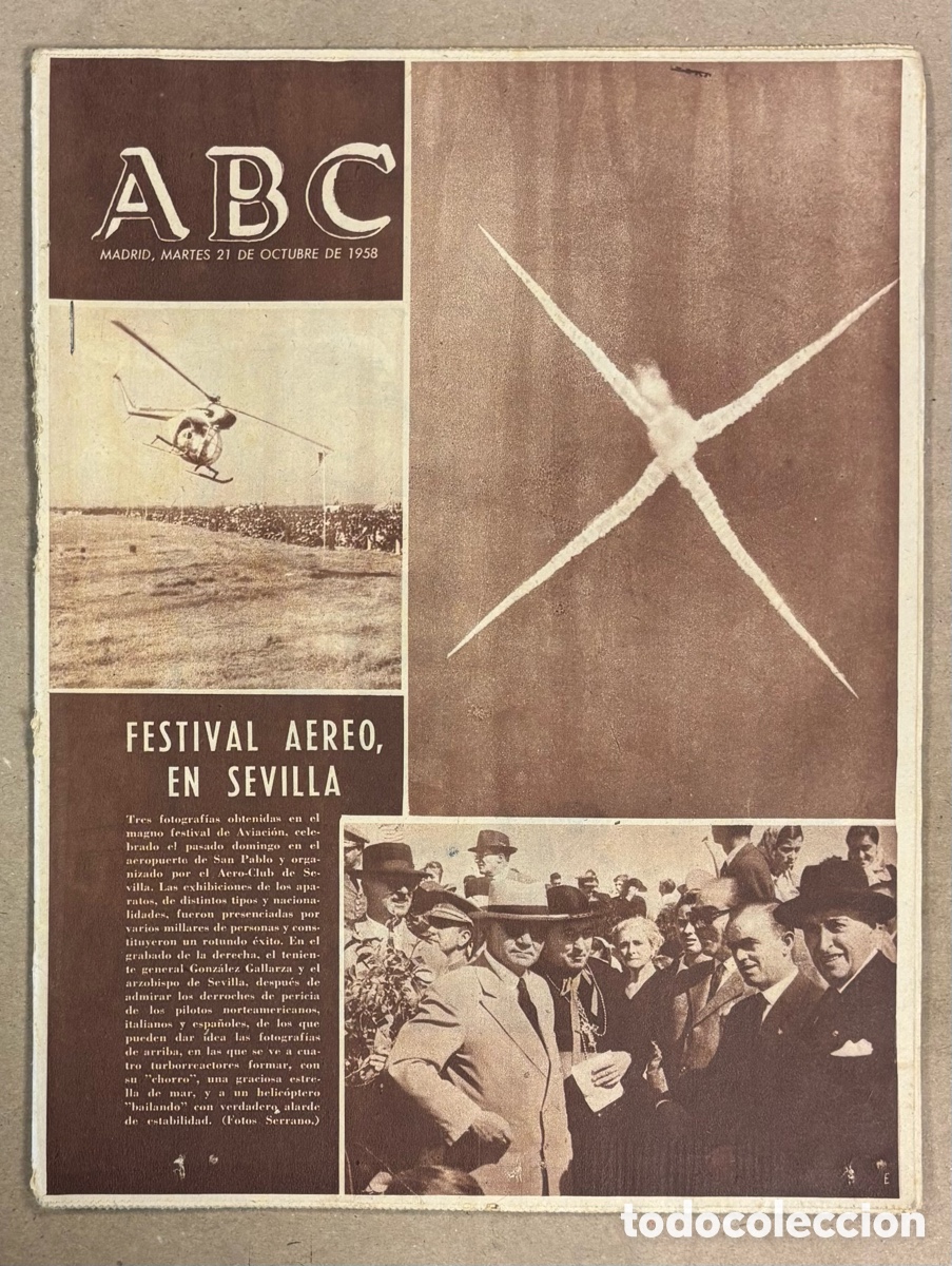 Coleccionismo de revistas y peri&oacute;dicos: ABC (21 OCTUBRE 1958). FESTIVAL AERON&Aacute;UTICO EN EL AEROPUERTO SAN PABLO POR EL AERO-CLUB SEVILLA,..