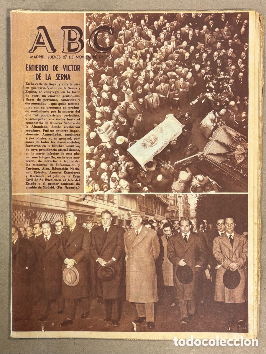 Coleccionismo de revistas y peri&oacute;dicos: ABC (27 NOVIEMBRE 1958). ENTIERRO DE VICTOR DE LA SERNA, REAL MADRID ELIMINA BESIKTAS COPA DE EUROPA