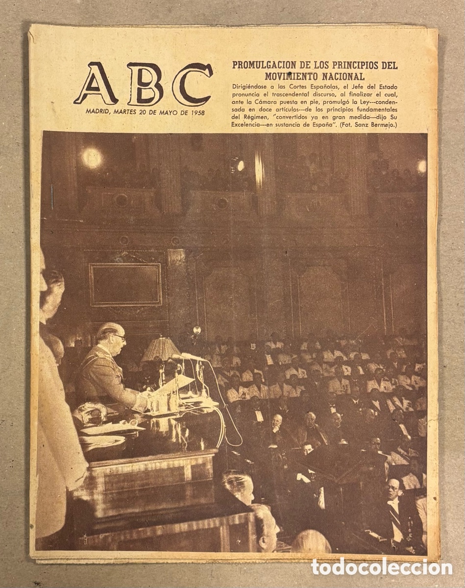 Coleccionismo de revistas y peri&oacute;dicos: ABC (20 DE MAYO DE 1958). PROMULGACI&Oacute;N DE LOS PRINCIPIOS DEL MOVIMIENTO NACIONAL POR EL CAUDILLO