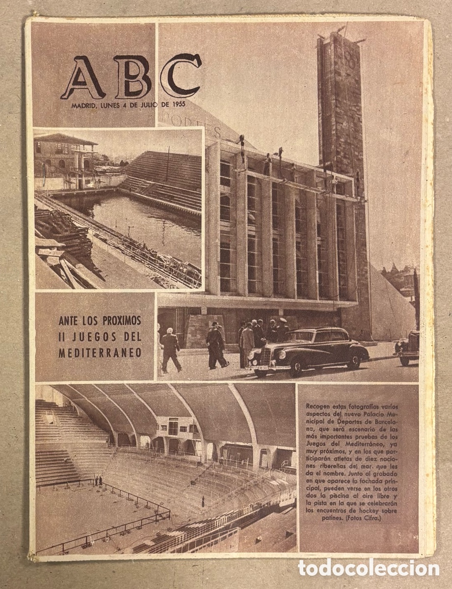 Coleccionismo de revistas y peri&oacute;dicos: ABC (4 DE JULIO DE 1955). NUEVAS INSTALACIONES EN BARCELONA ANTE LOS II JUEGOS DEL MEDITERR&Aacute;NEO,..