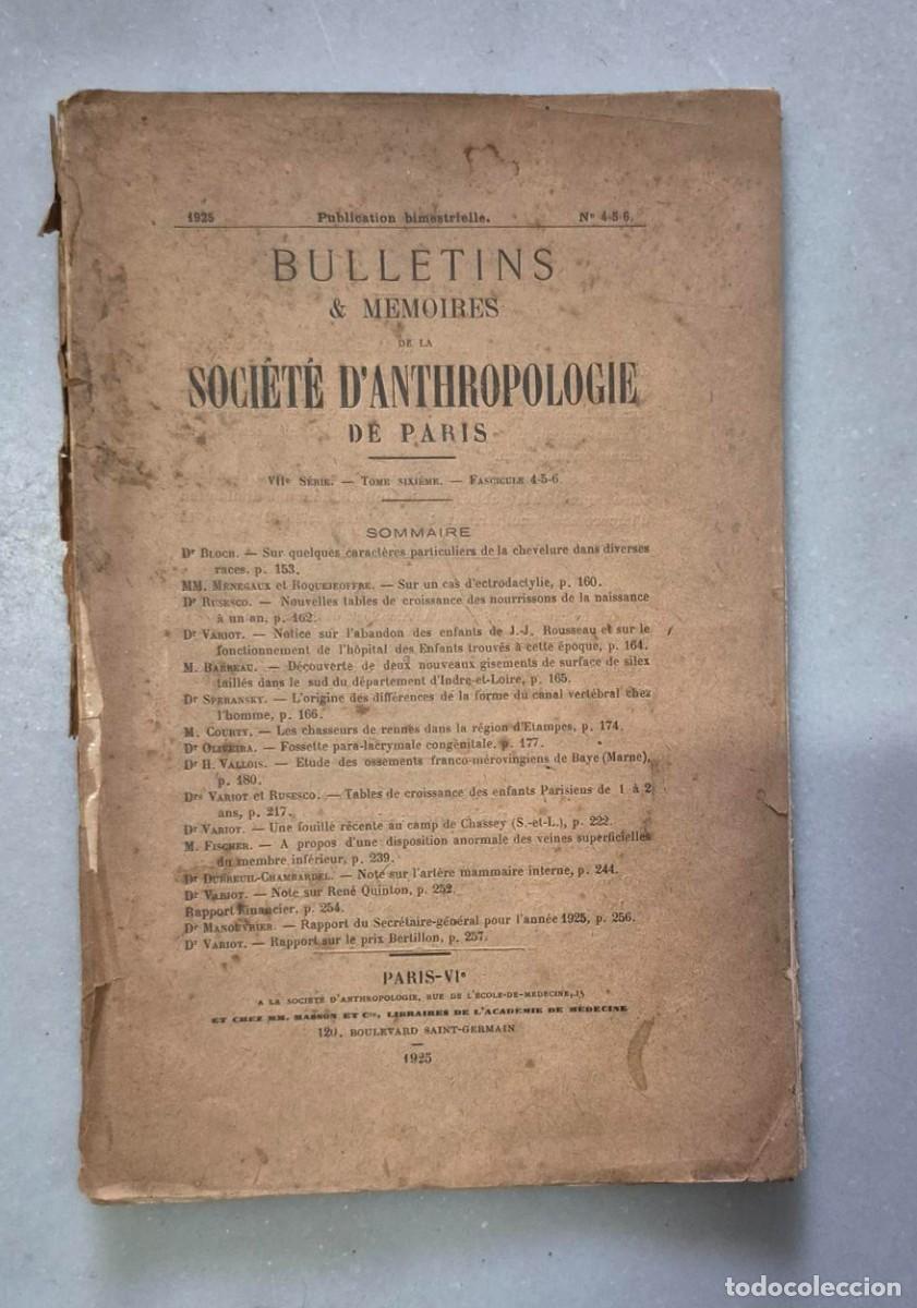 Coleccionismo de revistas y peri&oacute;dicos: Bulletins & Memoires de la Societ&eacute; d'Anthropologie de Par&iacute;s. 1925. Bimestrielle. N&ordm; 4-5-6.