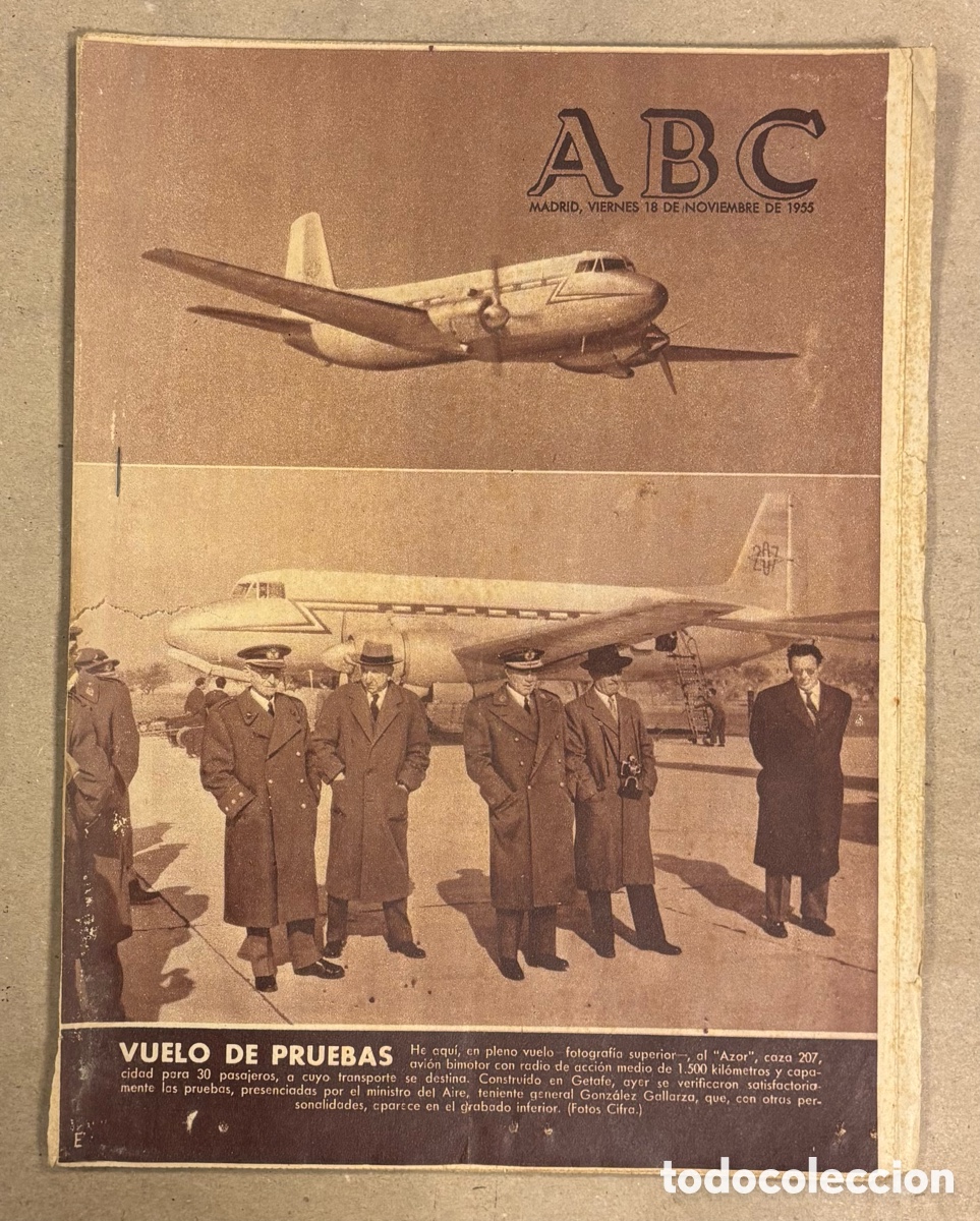 Coleccionismo de revistas y peri&oacute;dicos: ABC (18 DE NOVIEMBRE DE 1955). VUELO DE PRUEBAS DEL CAZA AZOR CONSTRUIDO EN GETAFE,&hellip;