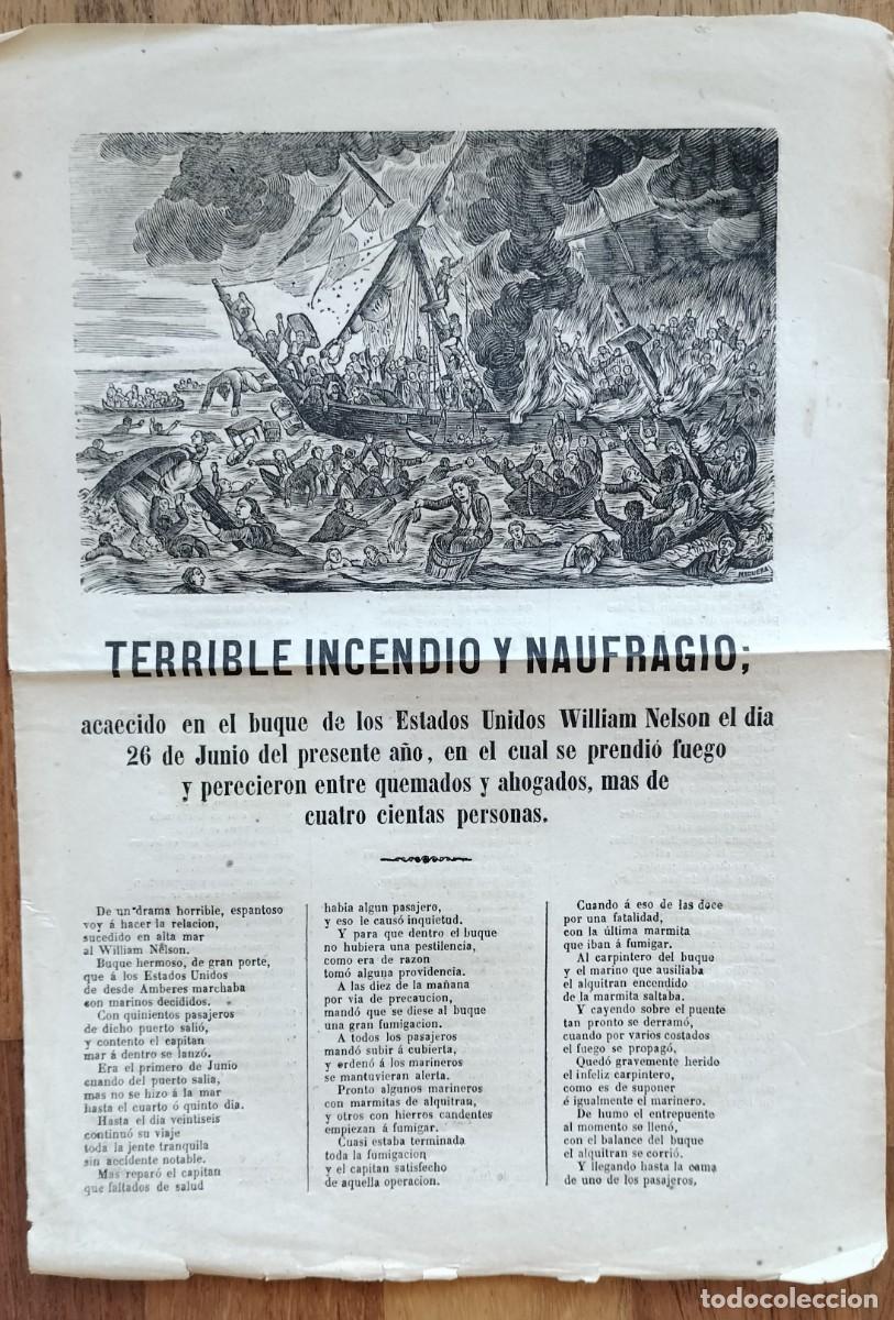 Collectionnisme de Revues et Journaux: PLIEGO DE CORDEL - ROMAN&Ccedil;OS - TERRIBLE INCENDIO Y NAUFRAGIO EEUU- 1865