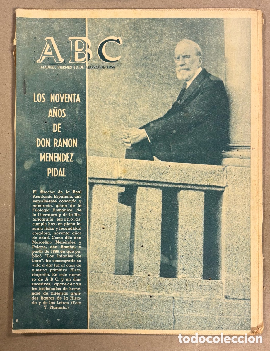 Coleccionismo de revistas y peri&oacute;dicos: ABC (13 DE MARZO DE 1959). LOS 90 A&Ntilde;OS DE DON RAM&Oacute;N MEN&Eacute;NDEZ PIDAL,&hellip;