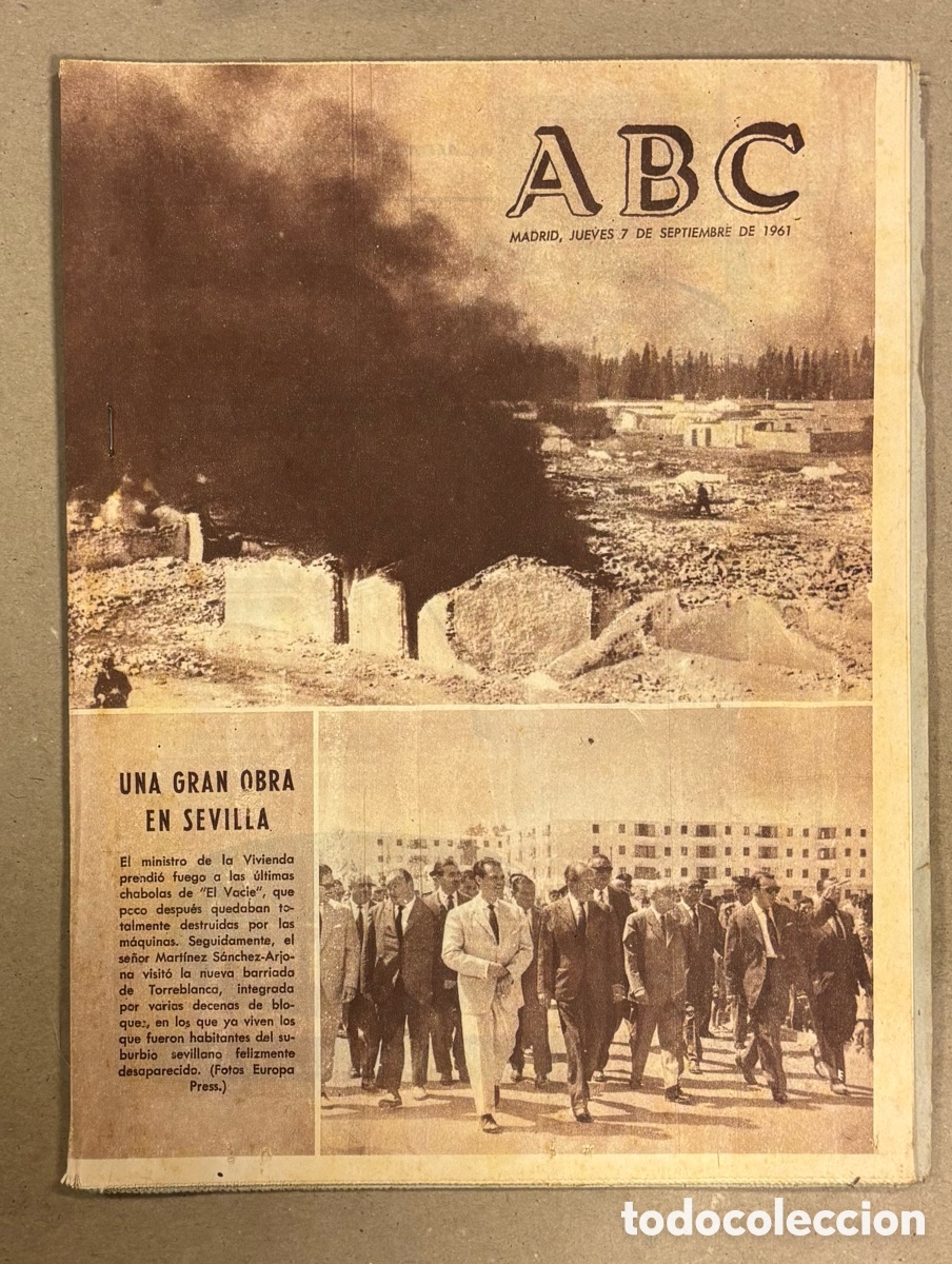 Coleccionismo de revistas y peri&oacute;dicos: ABC (7 DE SEPTIEMBRE DE 1961). QUEMA CHABOLAS DE &ldquo;EL VACIE&rdquo; NUEVA BARRIADA TORREBLANCA (SEVILLA)
