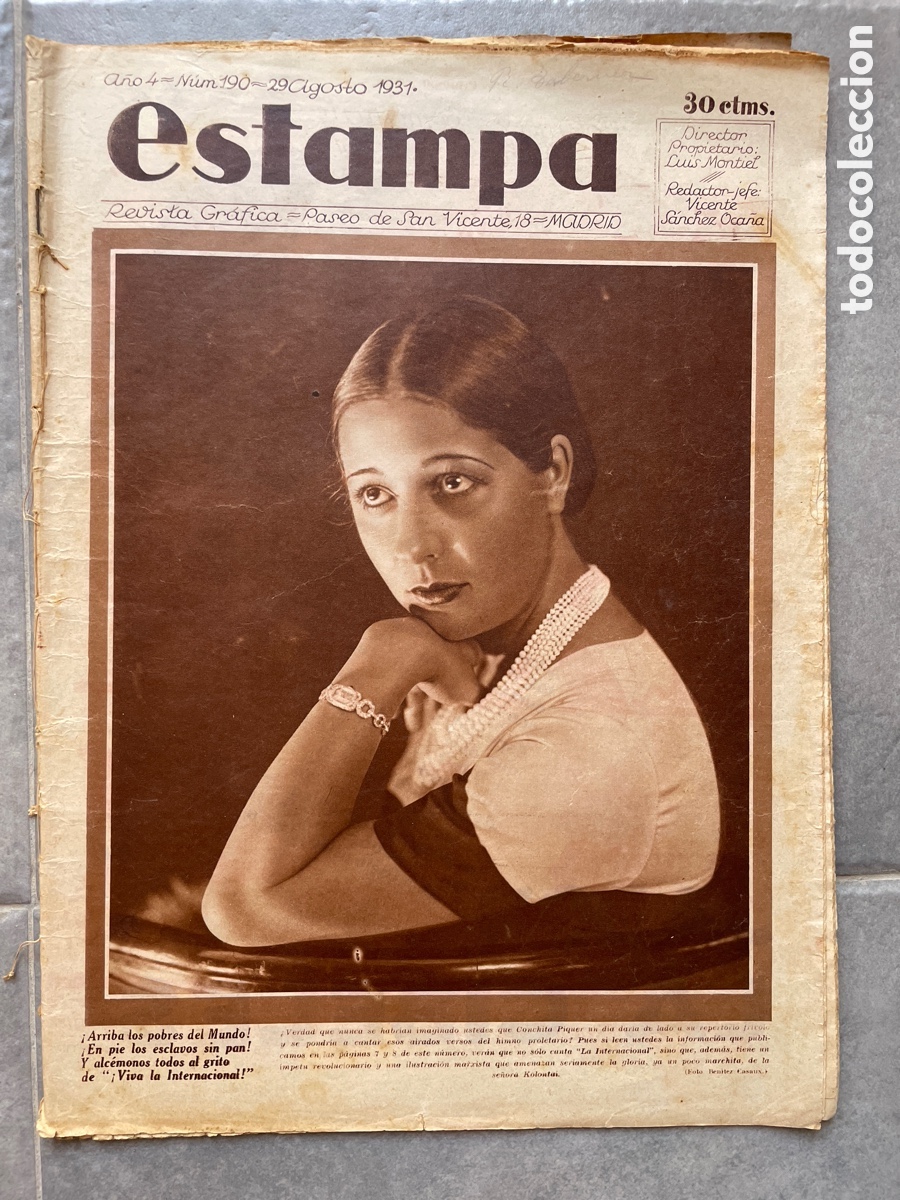 Coleccionismo de revistas y peri&oacute;dicos: Estampa. Revista gr&aacute;fica. 29 agosto 1931. N&uacute;mero 190. Conchita Piquer.
