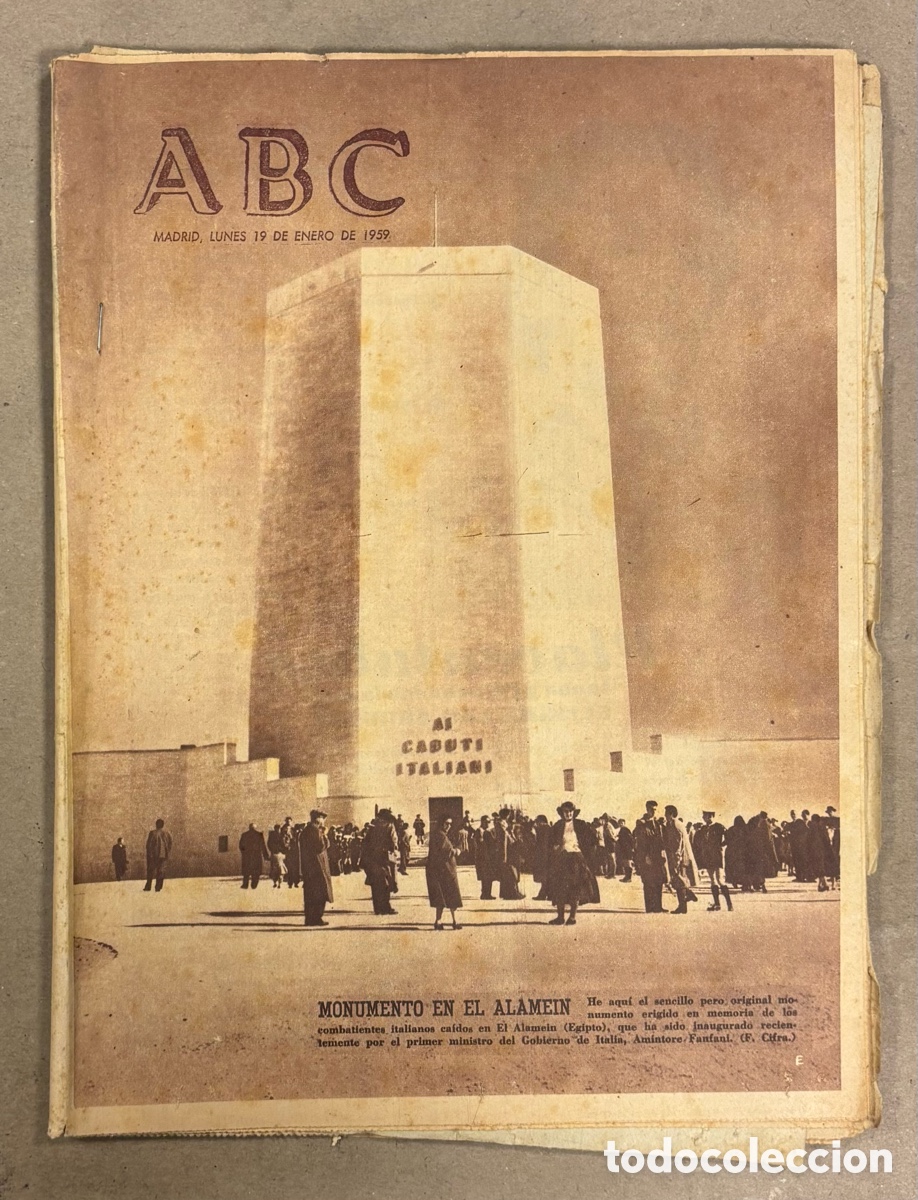 Coleccionismo de revistas y peri&oacute;dicos: ABC (19 ENERO 1959). MONUMENTO A LOS CA&Iacute;DOS EN EL ALAMEIN, ATHLETIC BILBAO 7-0 BETIS,&hellip;