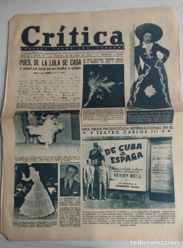 Coleccionismo de revistas y peri&oacute;dicos: REVISTA CRITICA A&Ntilde;O 1952, CARTA DE LOLA FLORES DESDE AMERICA INFORMANDO QUE SE CASA CON RAFAEL ROMER