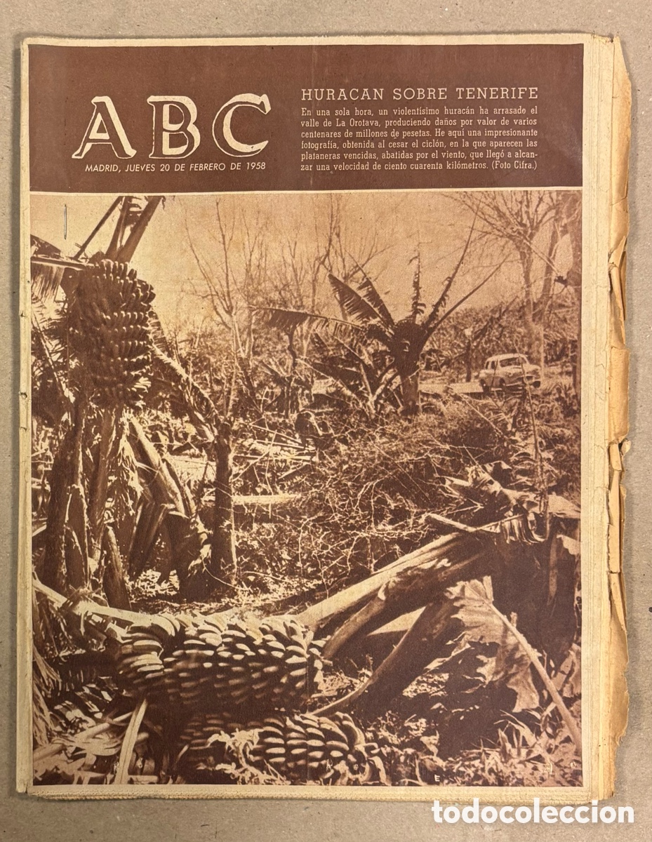 Coleccionismo de revistas y peri&oacute;dicos: ABC (20 FEBRERO 1958). HURAC&Aacute;N ARRASA LA OROTAVA (TENERIFE), ATL&Eacute;TICO MADRID HOMENAJEA A RAFA,&hellip;