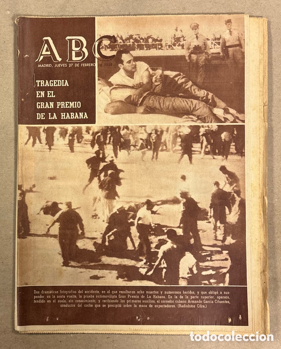 Coleccionismo de revistas y peri&oacute;dicos: ABC (27 FEBRERO 1958). TRAGEDIA EN EL GRAN PREMIO DE LA HABANA, FC BARCELONA FINAL COPA DE FERIAS
