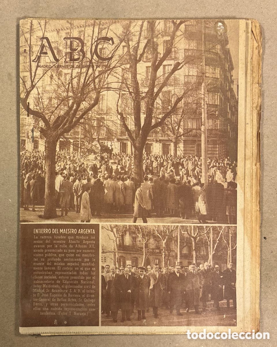 Coleccionismo de revistas y peri&oacute;dicos: ABC (24 ENERO 1958). ENTIERRO DEL MAESTRO ATA&Uacute;LFO ARGENTA, REAL MADRID 8-0 SEVILLA DI STEFANO,&hellip;