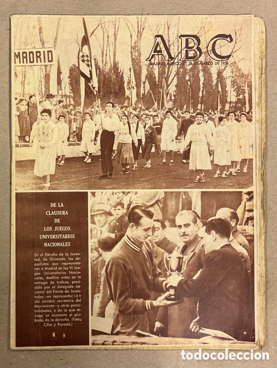 Coleccionismo de revistas y peri&oacute;dicos: ABC (28 MARZO 1956). JUEGOS UNIVERSITARIOS NACIONALES EN GRANADA, PELOTARI MUERE EN FRONT&Oacute;N RECOLETO