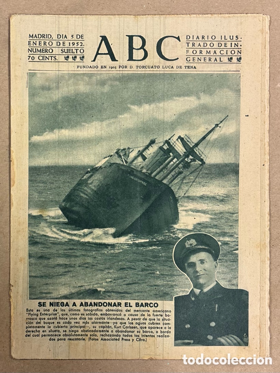Coleccionismo de revistas y peri&oacute;dicos: ABC (5 ENERO 1952). CAPIT&Aacute;N MERCANTE FLYING ENTERPRISE SE NIEGA ABANDONAR BARCO, ATL&Eacute;TICO 7-3 GIJ&Oacute;N