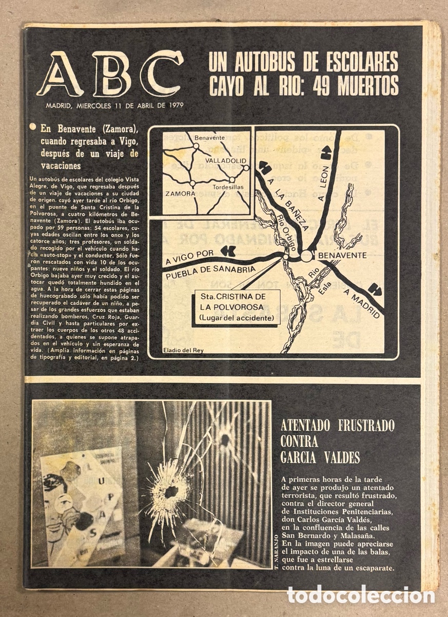 Coleccionismo de revistas y peri&oacute;dicos: ABC (11 DE ABRIL DE 1979). AUTOB&Uacute;S ESCOLARES CAE AL R&Iacute;O ORBIGO EN BENAVENTE (ZAMORA), ATENTADO