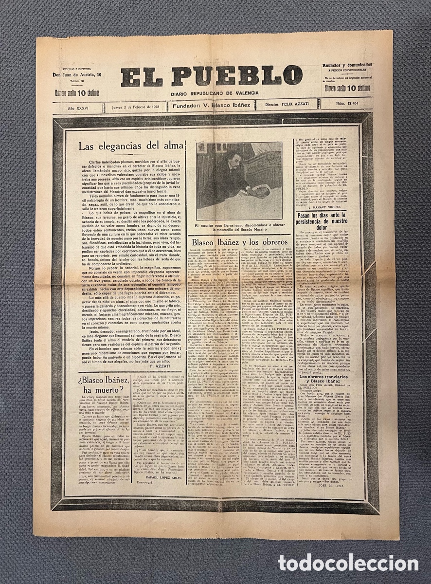 Coleccionismo de revistas y peri&oacute;dicos: EL PUEBLO. DIARIO REPUBLICANO DE VALENCIA. 2 de febrero de 1928. BLASCO IB&Aacute;&Ntilde;EZ HA MUERTO