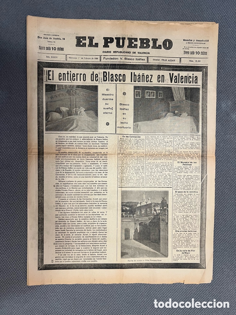 Collezionismo di Riviste e Giornali: EL PUEBLO. DIARIO REPUBLICANO DE VALENCIA. El entierro de Blasco Ib&aacute;&ntilde;ez en Valencia. Febrero de 1928