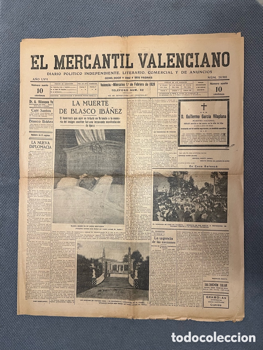 Coleccionismo de revistas y peri&oacute;dicos: EL MERCANTIL VALENCIANO. DIARIO POLITICO INDEPENDIENTE.. LA MUERTE DE BLASCO IB&Aacute;&Ntilde;EZ (a.1928)