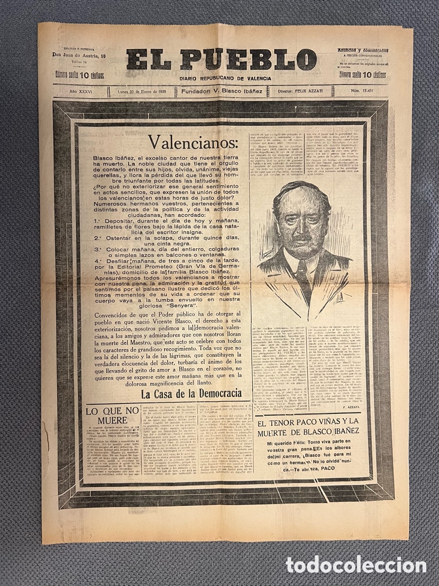 Colecionismo de Revistas e Jornais: EL PUEBLO. DIARIO REPUBLICANO DE VALENCIA. Valencianos: Blasco Ib&aacute;&ntilde;ez,ha muerto.. 30/01/1928