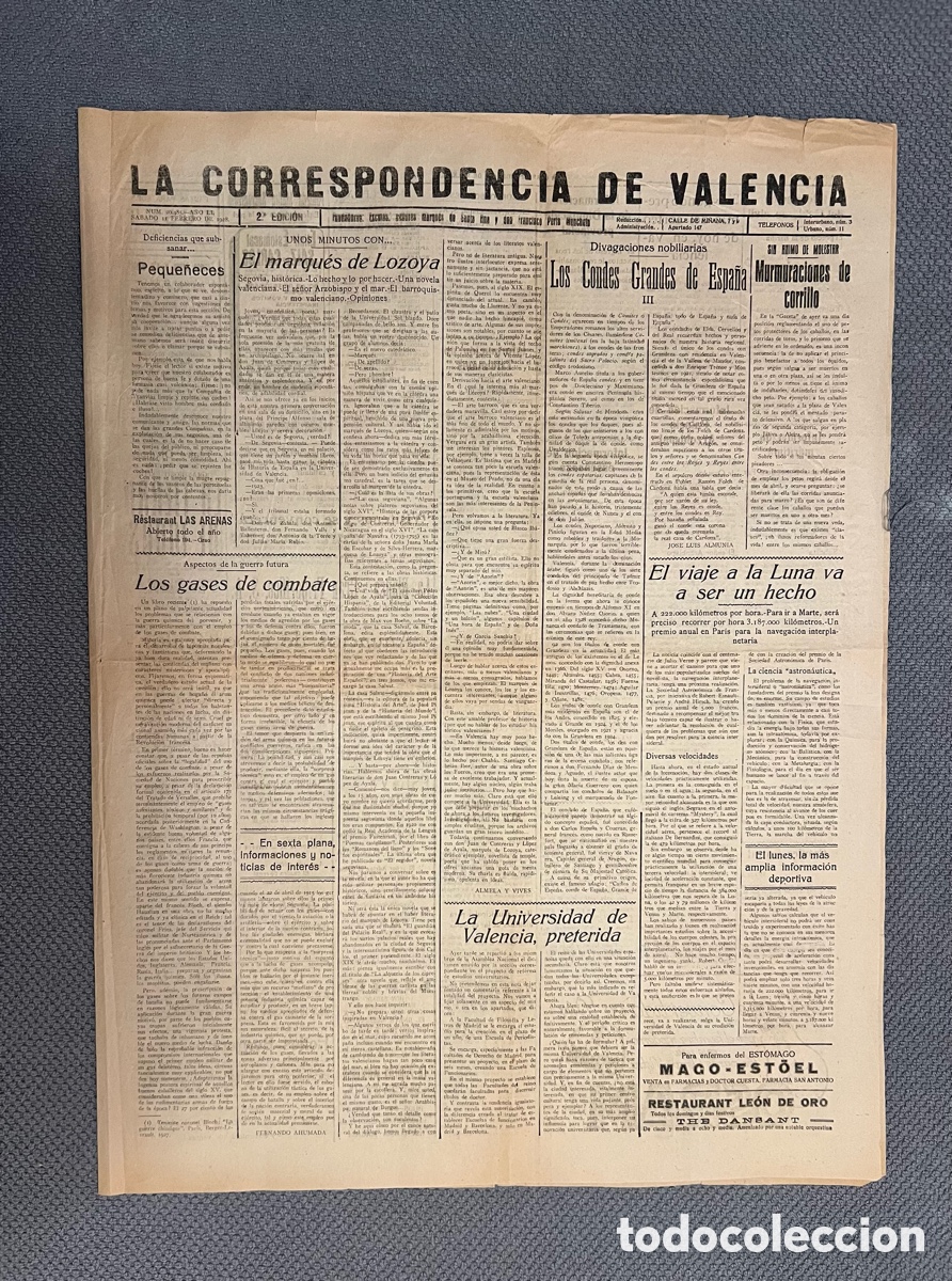 Coleccionismo de revistas y peri&oacute;dicos: LA CORRESPONDENCIA DE VALENCIA. Diario vespertino.. UNOS MINUTOS CON...El marqu&eacute;s de Lozoya