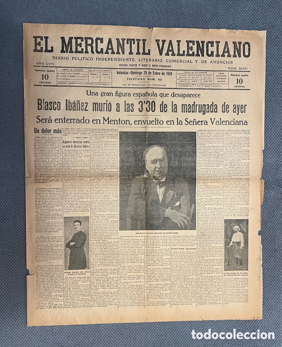 Coleccionismo de revistas y peri&oacute;dicos: EL MERCANTIL VALENCIANO. DIARIO POLITICO. Blasco Ib&aacute;&ntilde;ez muri&oacute; a las 3'30 de la madrugada (a.1928)