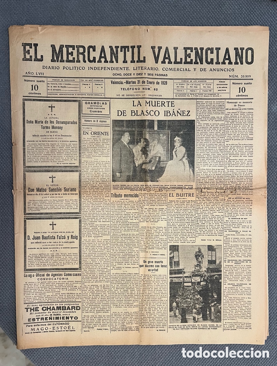 Collectionnisme de Revues et Journaux: EL MERCANTIL VALENCIANO. DIARIO POLITICO INDEPENDIENTE. LA MUERTE DE BLASCO IB&Aacute;&Ntilde;EZ (a.1928)