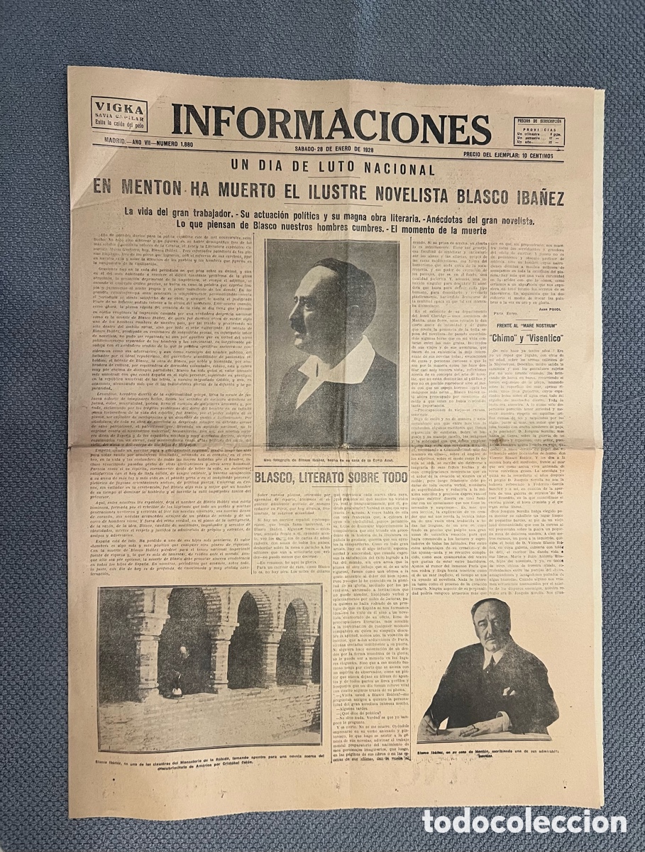 Coleccionismo de revistas y peri&oacute;dicos: INFORMACI&Oacute;NES. Peri&oacute;dico vespertino UN DIA DE LUTO NACIONAL EN MENTON HA MUERTO BLASCO IB&Aacute;&Ntilde;EZ