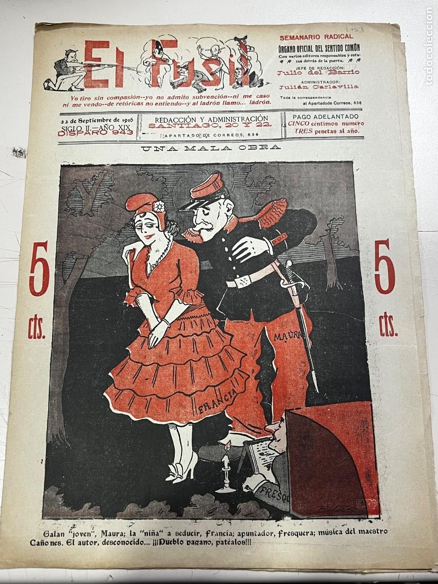 Collezionismo di Riviste e Giornali: EL FUSIL. 22 SEPTIEMBRE 1916. SIGLO II. A&Ntilde;O XIX. SEMANARIO RADICAL. 7 P&Aacute;G.