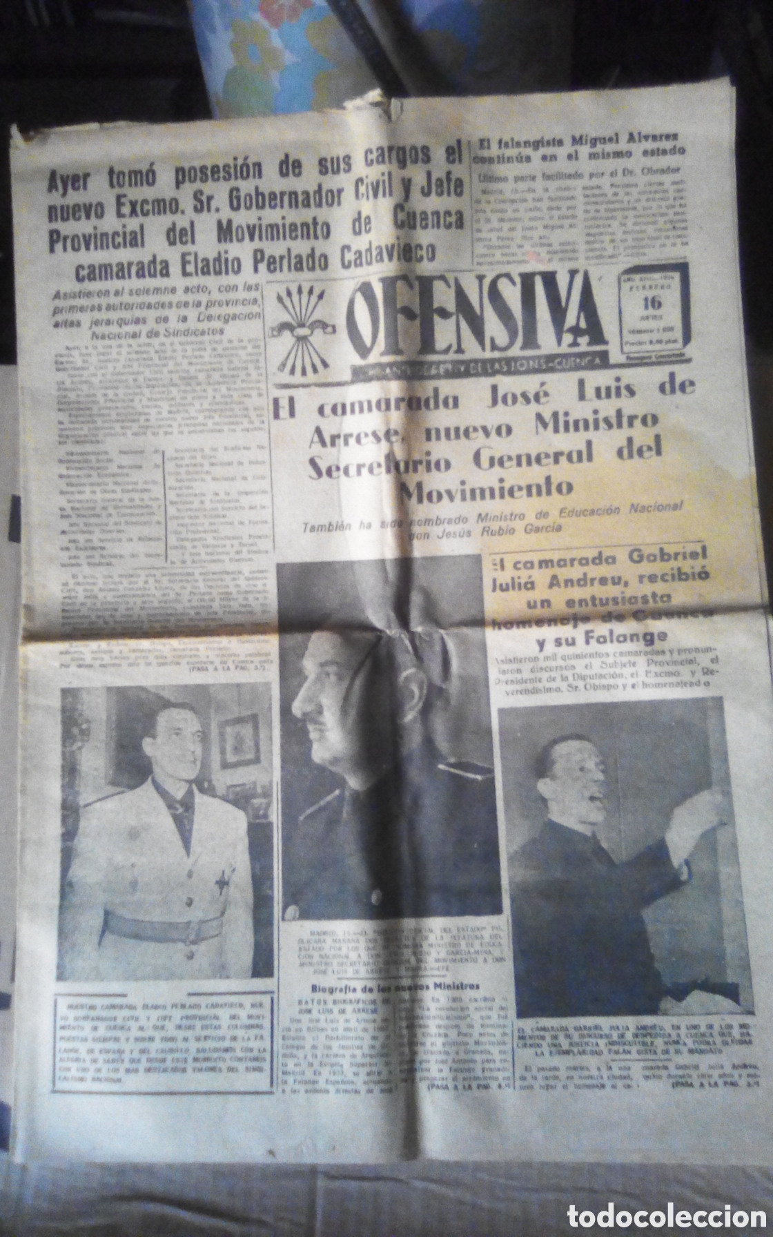 Coleccionismo de revistas y peri&oacute;dicos: Ofensiva. &Oacute;rgano de F.E.T y de las J.O.N.S., Cuenca. N&deg; 1659. 16-02-1956. Peri&oacute;dico de 8 p&aacute;ginas.