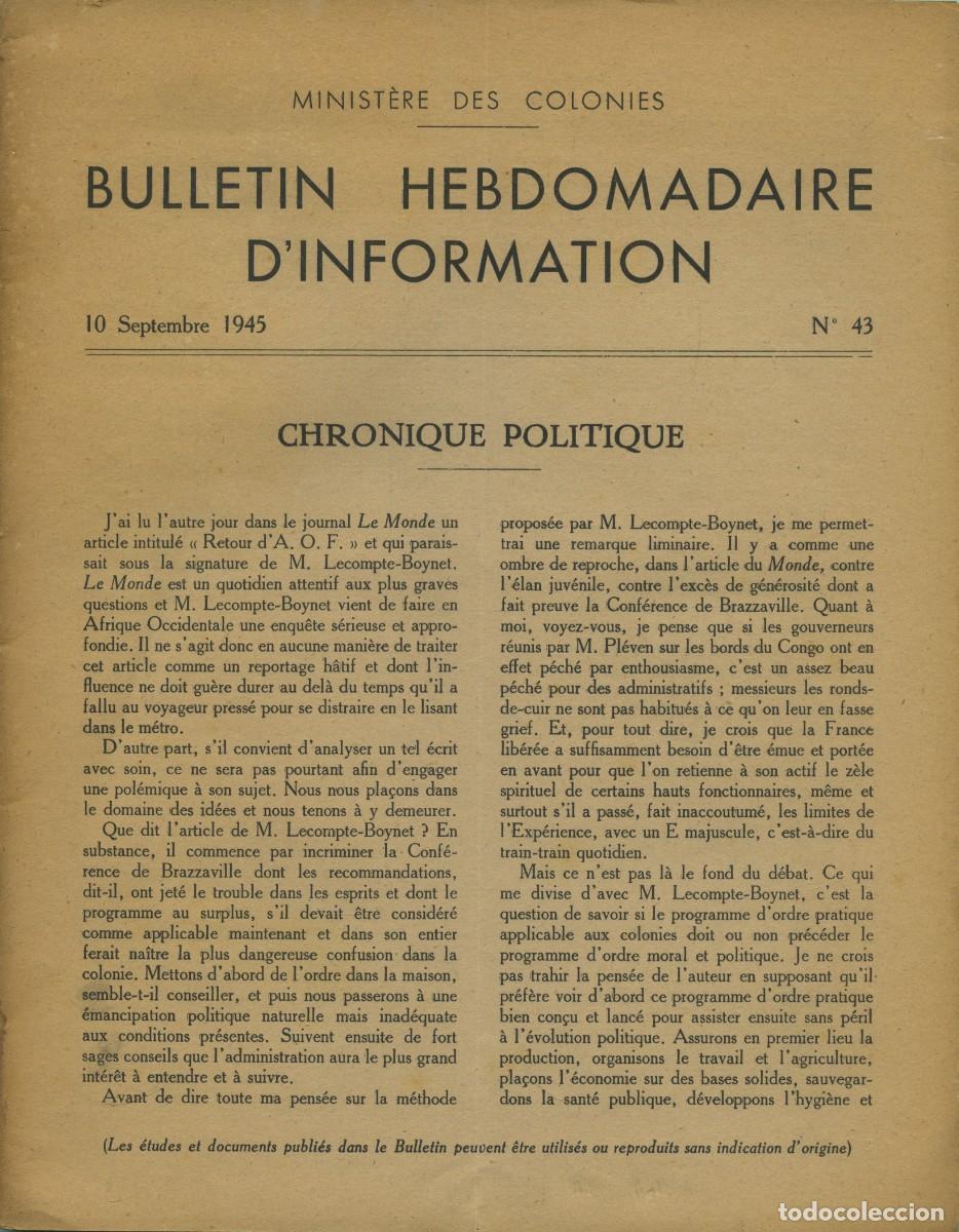 Coleccionismo de revistas y peri&oacute;dicos: Bulletin Hebdomadaire d'Information. 10 Septembre 1945. N&ordm; 43. Minist&egrave;re des Colonies. Pp. 32