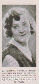 Coleccionismo de revistas y peri&oacute;dicos: Trinidad Carreras, pensionada de canto para estudiar en Italia - 1930