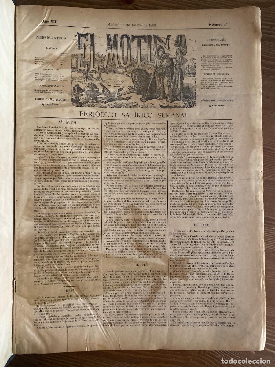 Coleccionismo de revistas y peri&oacute;dicos: EL MOTIN. PERIODICO SATIRICO SEMANAL . A&Ntilde;O 1888 COMPLETO 52 NUMS + 51 SUPLEMENTOS
