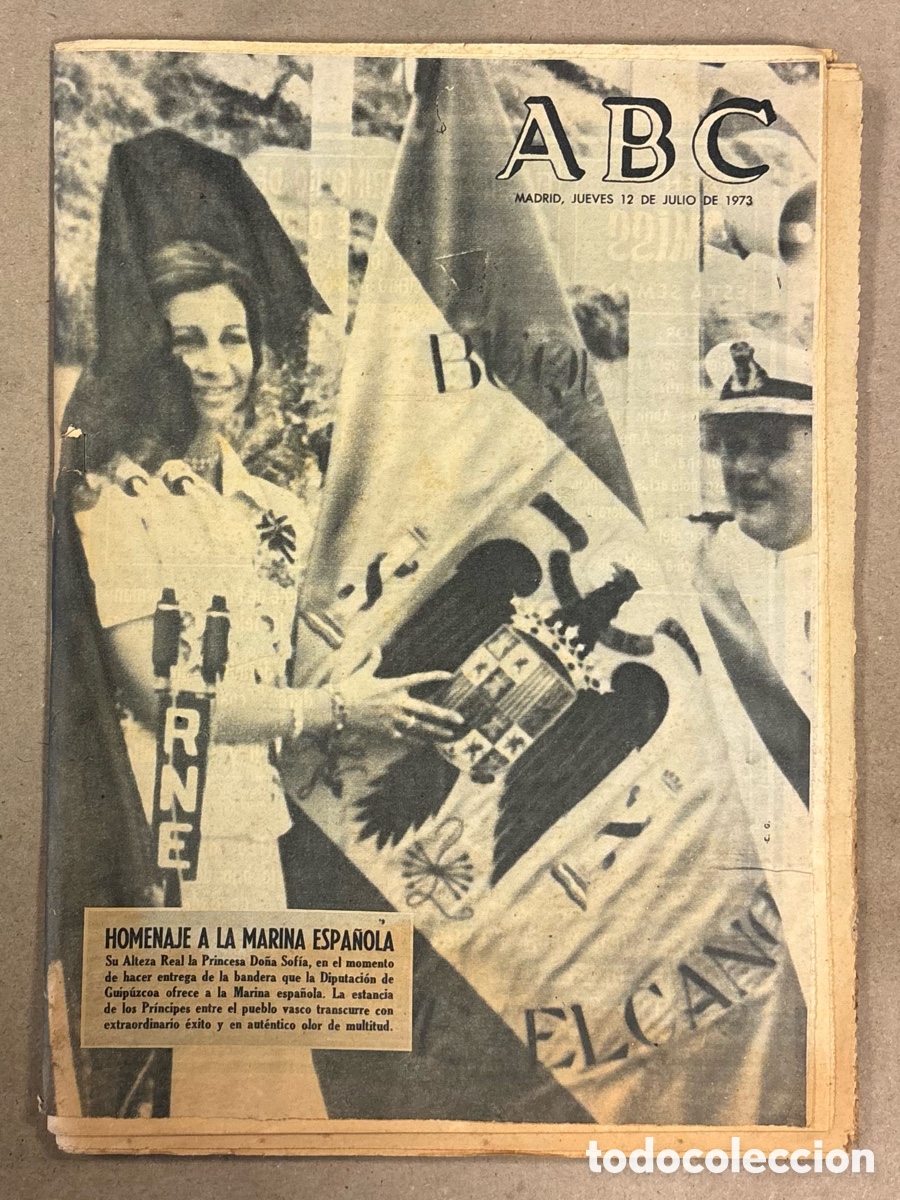 Coleccionismo de revistas y peri&oacute;dicos: ABC (12 JULIO 1973). HOMENAJE A LA MARINA ESPA&Ntilde;OLA EN GUIP&Uacute;ZCOA, TRUJILLO (C&Aacute;CERES), SAN LORENZO ALM