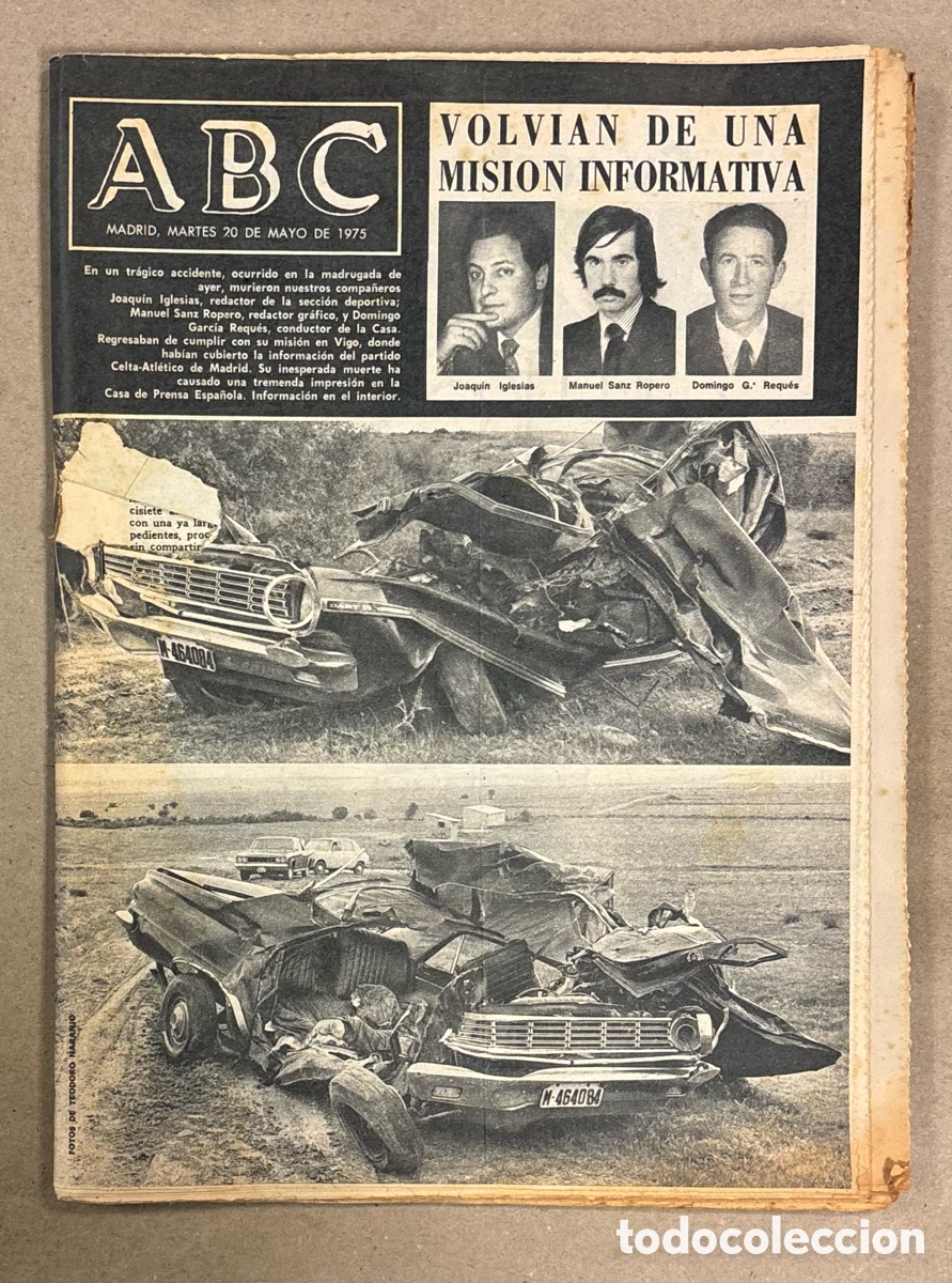 Coleccionismo de revistas y peri&oacute;dicos: ABC (20 MAYO 1975). TR&Aacute;GICO ACCIDENTE COCHE PERIODISTAS ABC, REPORTAJE CELTA - ATL&Eacute;TICO Y MADRID - M