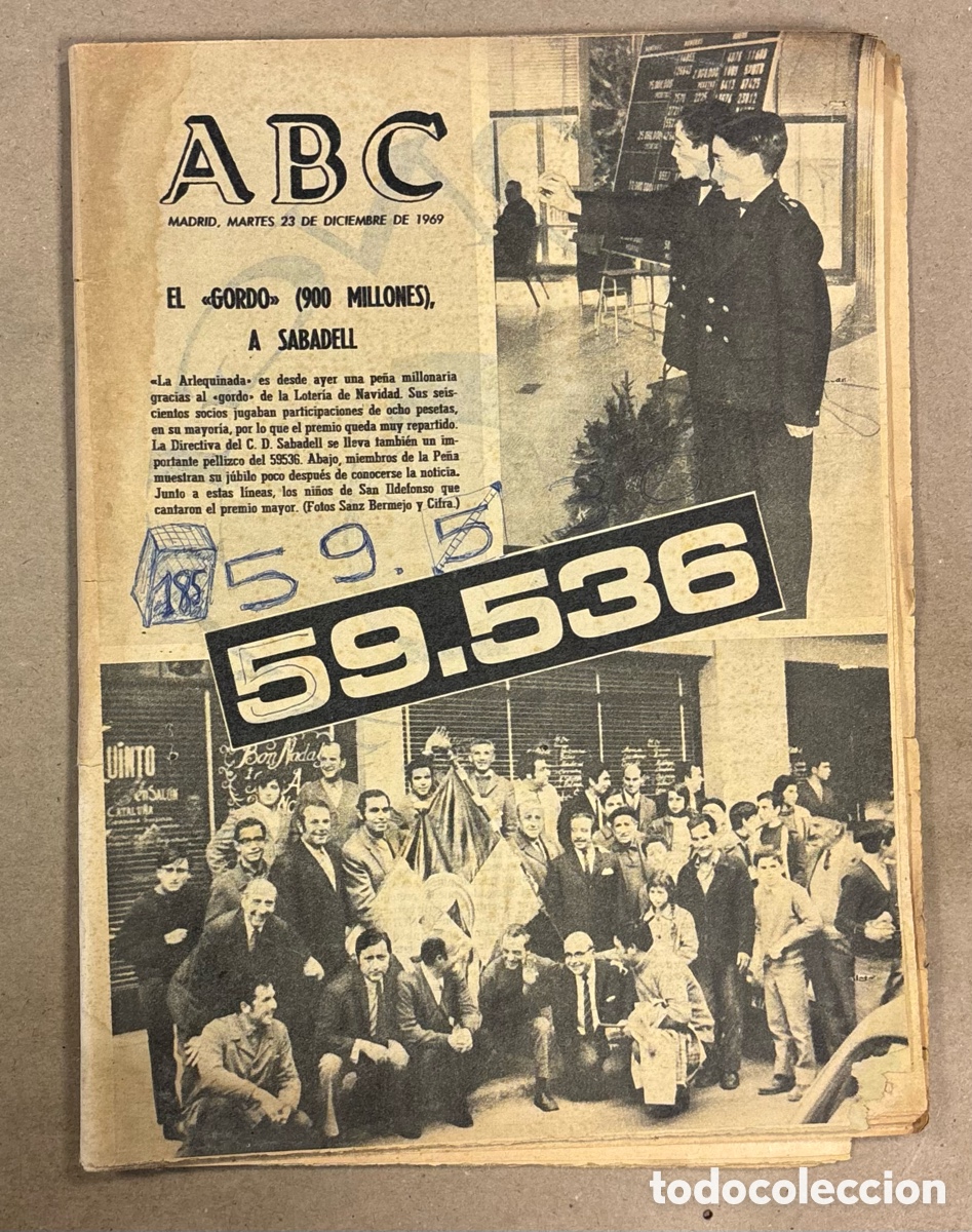 Coleccionismo de revistas y peri&oacute;dicos: ABC (23 DICIEMBRE 1969). 59.536 GORDO LOTER&Iacute;A NACIONAL A SABADELL, ATL&Eacute;TICO MADRID 0-1 SABADELL