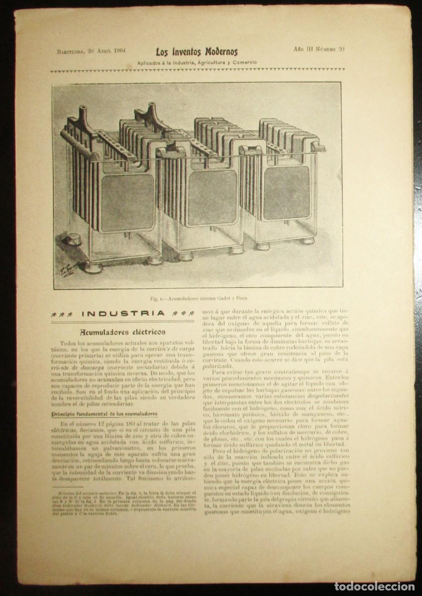 Collezionismo di Riviste e Giornali: LOS INVENTOS MODERNOS. REVISTA INDUSTRIAL ILUSTRADA CON L&Aacute;MINA DESMONTABLE DE ACUMULADOR EL&Eacute;CTRICO.