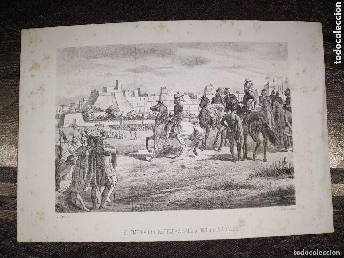 Coleccionismo de revistas y peri&oacute;dicos: Tipograf&iacute;a antigua de Moctezuma recibe a Hernan Cortes, grabado s.XIX