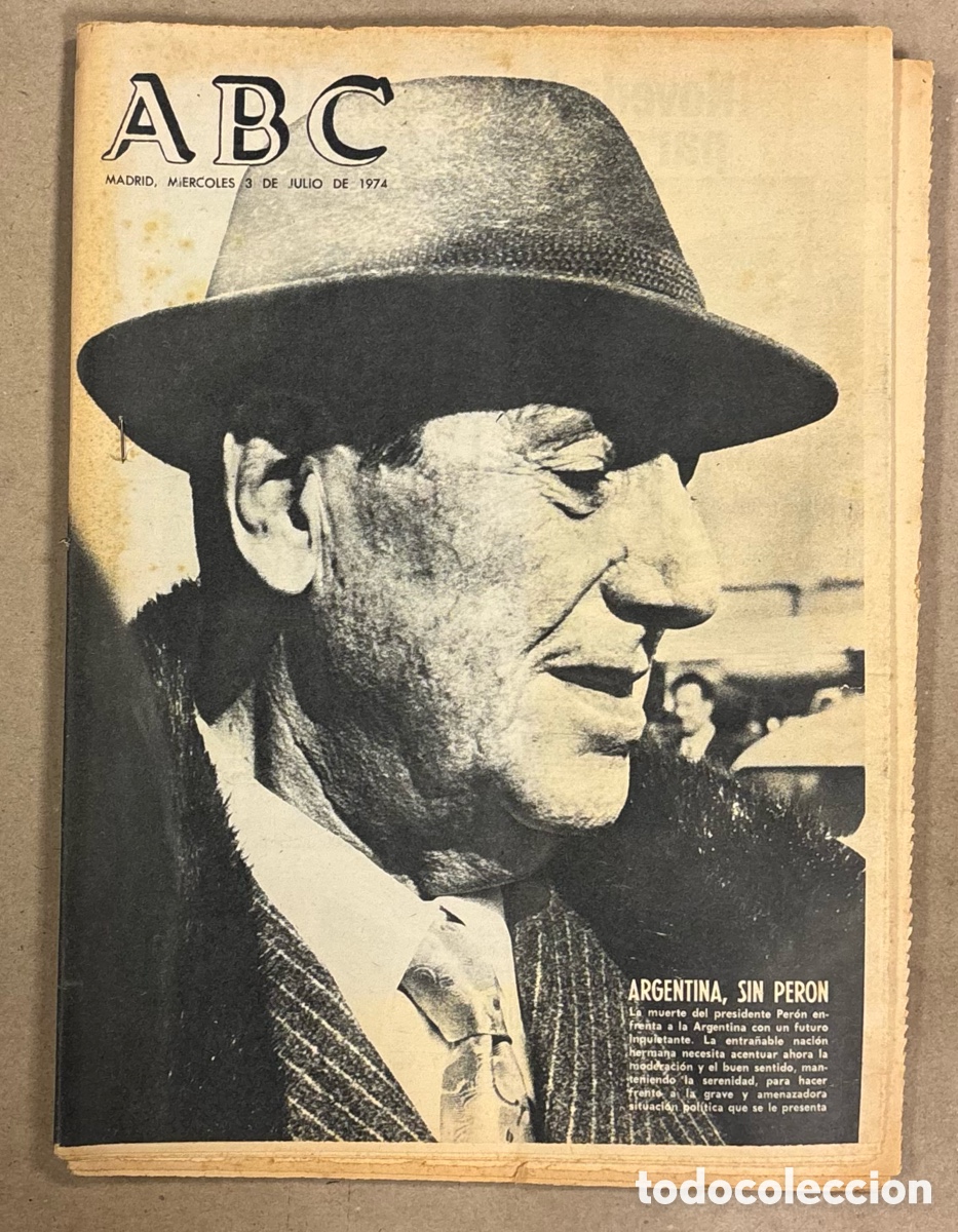 Coleccionismo de revistas y peri&oacute;dicos: ABC (3 JULIO 1974). MUERTE PRESIDENTE ARGENTINA PER&Oacute;N, MUNDIAL ALEMANIA &lsquo;74, ADI&Oacute;S BUQUE CANARIAS
